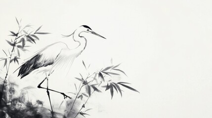 Obraz premium Elegant Heron Observing Nature Amidst Bamboo: A Serene Black and White Artistic Representation of Wildlife in Harmony with the Environment