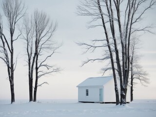 Simple white cabin surrounded by bare trees in a tranquil winter landscape.