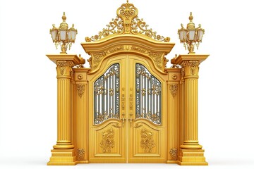 yellow wooden roman style gate architecture with golden intricate royal carvings on white background 