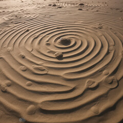 A top-down view of concentric rings in the sand, like raked Zen garden patterns