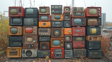 Obraz premium A collection of vintage televisions arranged in a visually striking display.