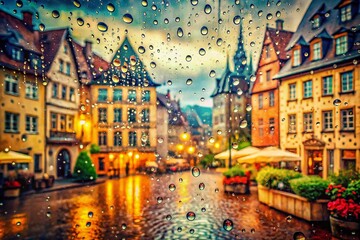 Fototapeta premium Vintage Style Photography of a Foggy European Town Through Rain-Drenched Glass, Capturing the Beauty of a Serene Morning Scene