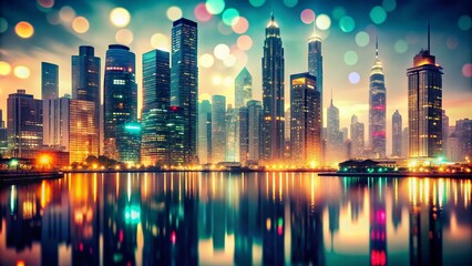 Fototapeta premium Vintage Style Photography of a Futuristic Cityscape with Glowing Lights, Capturing the Contrast between Old and New Architecture in a Dreamlike Urban Environment