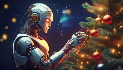 the robot decorates the Christmas tree