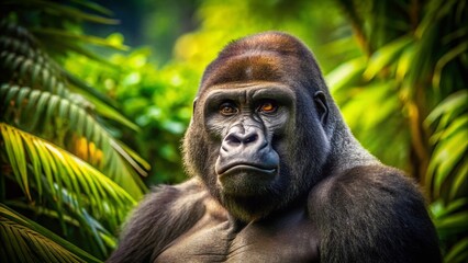 Obraz premium Vintage Style Photography of a Majestic Male Silverback Western Lowland Gorilla in a Serene Natural Habitat Surrounded by Lush Greenery and Soft Diffused Light
