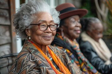 A group of older female friends from diverse ethnic backgrounds laugh together while sharing skincare tips on a cozy patio.