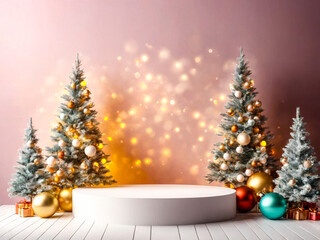 Christmas Product Display with Elegant Trees and Podium