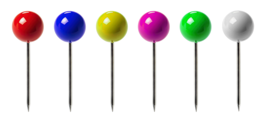 Set of colorful push pins in vibrant hues, isolated on transparent cutout background