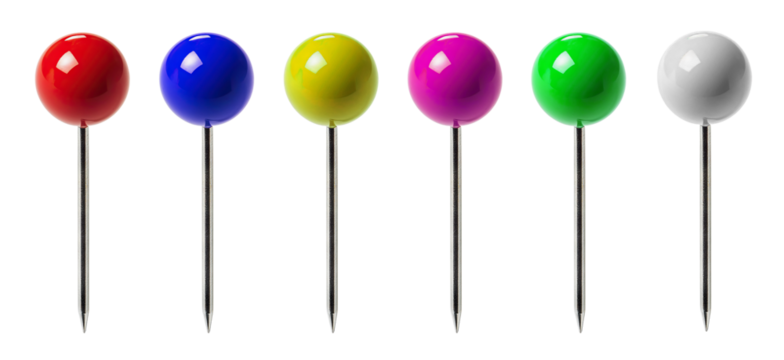 Set of colorful push pins in vibrant hues, isolated on transparent cutout background