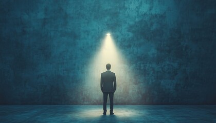 Obraz premium Modern Art Collage: Businessman Under Flashlight Light, Symbolizing Successful Employee, Leadership, Career Growth, Promotion, Motivation, Profit Win.