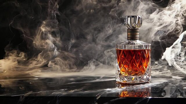 A beautifully crafted crystal decanter of amber liquor surrounded by swirling smoke on a dark marble surface