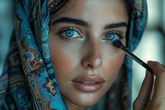 A Middle Eastern woman elegantly applies makeup in a brightly lit, modern bathroom. The image captures beauty, self-care, and a sophisticated routine.