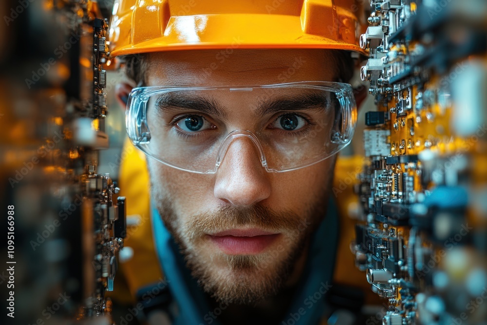 Poster Computer engineer with hardware components,