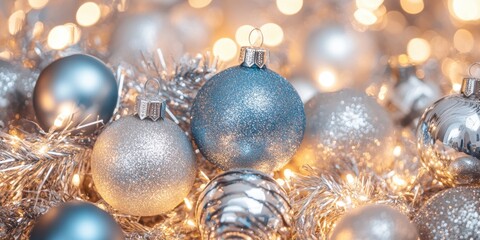 Close-up of glittering silver and blue Christmas balls, intertwined with tinsel and illuminated by soft warm lights