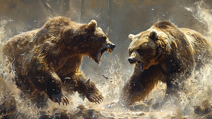 Fototapeta premium Bears engage in a fierce battle, claws and fangs bared
