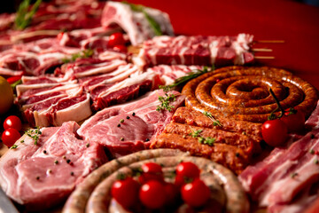 Set of raw lamb ribs and chicken seasoned decorated with rosemery and tomatoes on a wooden table. Meat products on display on the table.