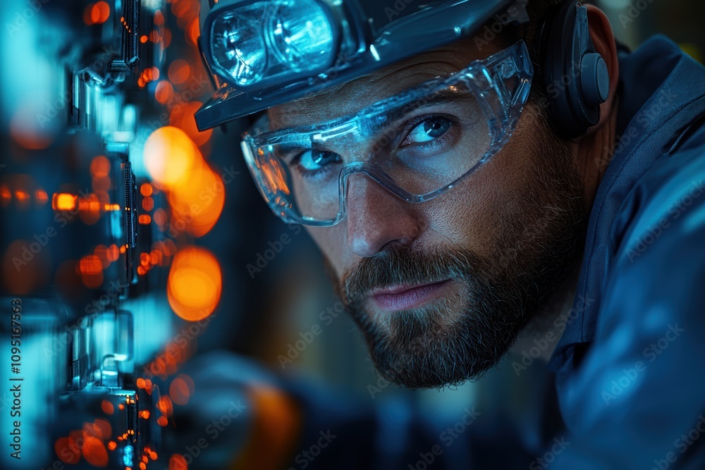 Poster cybersecurity engineer analyzing network security,