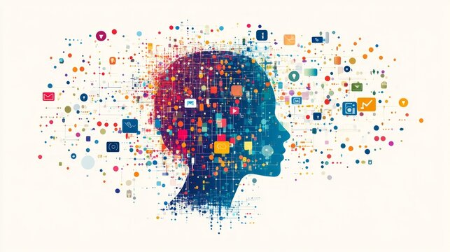 Colorful head silhouette with data bursts, representing digital information overload or cognitive processing.