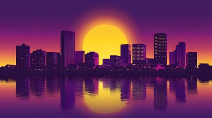 Fototapeta premium A purple city skyline with the moon rising in front of it. In retro wave style, 80s, 90s, vaporwave aesthetic
