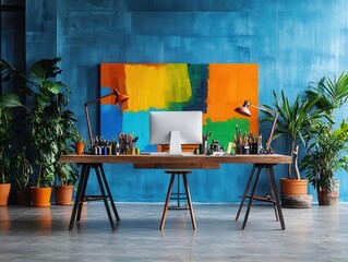 Art studio office with eclectic furniture, textured walls, and creative equipment, modern office interior design, artistic pursuits