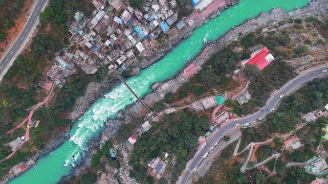 Stunning drone shots showcase Rudraprayag Sangam, merging Alaknanda and Mandakini.
