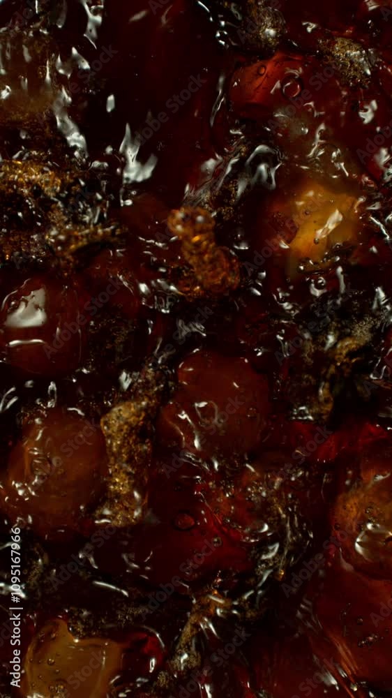Aufkleber super slow motion of splashing cola drink with ice. filmed on high speed cinema camera, 1000 fps. ab