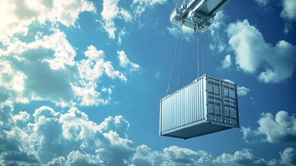 Suspended cargo container gracefully swings beneath a crane against a vivid blue sky and fluffy clouds