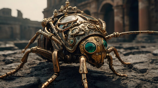 Cybernetic insect with clockwork features crawling through ancient ruins, combining vintage steampunk style and technological innovation