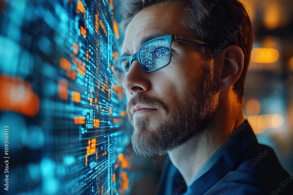 Poster Data engineer analyzing data sets using digital tools,