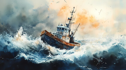 Obraz premium Stormy sea voyage watercolor painting of a boat in rough waters. Stormy Sea Voyage. Illustration