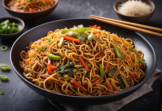 A plate of schezwan noodles with vegetables and chopsticks on the side
