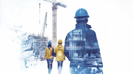Double exposure artwork featuring construction workers amidst cranes and vibrant watercolor splashes on a white background