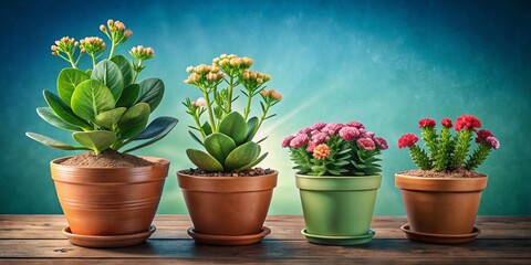 Fototapeta premium Vintage Style Photography of Kalanchoe Growth Stages in a Pot, Showcasing the Lifecycle of Houseplants with a Focus on Care and Nurturing of Flowering Plants