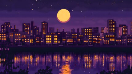 A purple city skyline with the moon rising in front of it. In retro wave style, 80s, 90s, vaporwave aesthetic