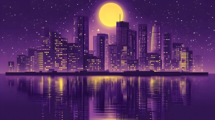 Fototapeta premium A purple city skyline with the moon rising in front of it. In retro wave style, 80s, 90s, vaporwave aesthetic