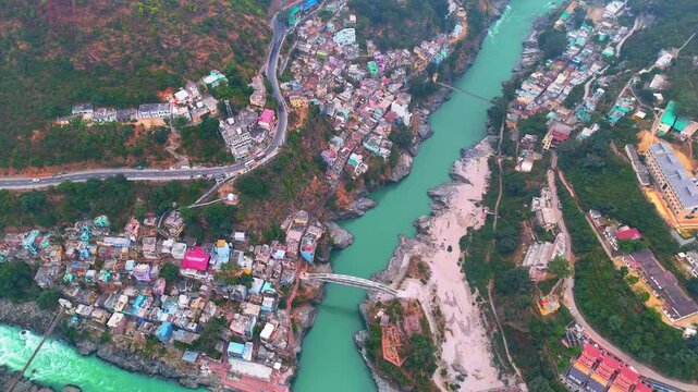Stunning drone shots showcase Rudraprayag Sangam, merging Alaknanda and Mandakini.