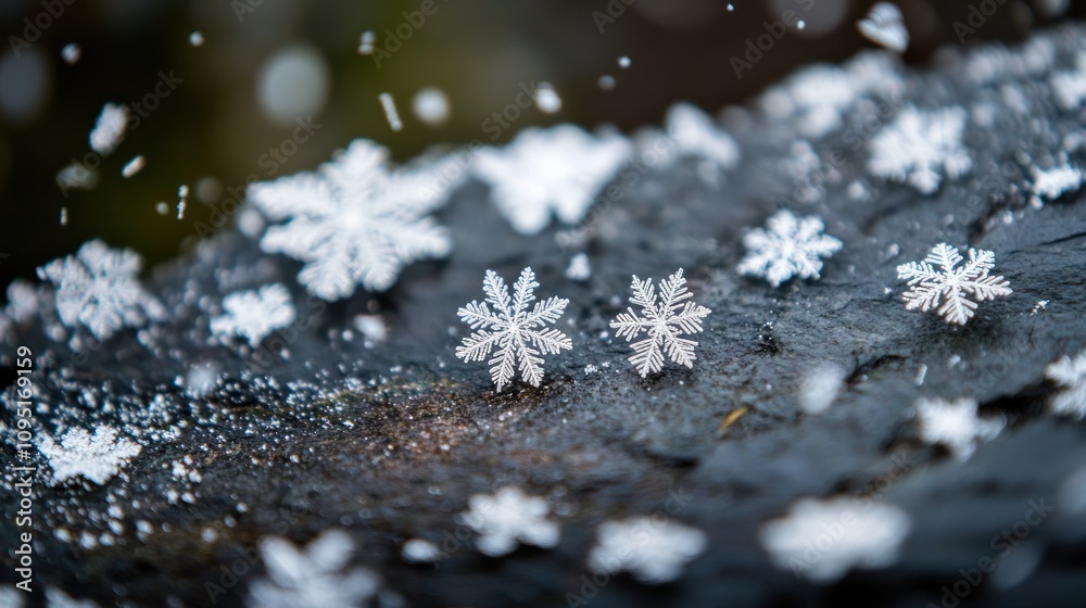 Poster two detailed snowflakes on a dark surface with blurred background
