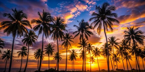 Silhouetted Palm Trees Embrace Golden Sunset Over the Ocean