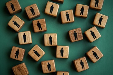 Obraz premium Overhead Shot Miniature Workers on Green Wood Grain Background