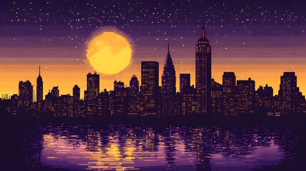 A purple city skyline with the moon rising in front of it. In retro wave style, 80s, 90s, vaporwave aesthetic