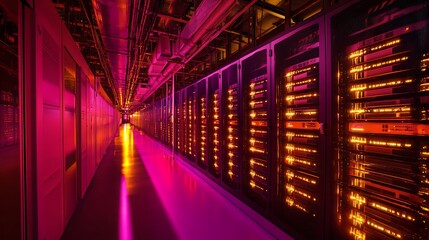 Illuminated Server Room Data Center Network Corridor