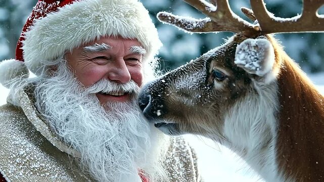 Close-up of Santa Claus and a reindeer surrounded by a snowy, frosty winter landscape. Heartwarming and festive scene ideal for Christmas, holiday storytelling, winter magic, and seasonal content.