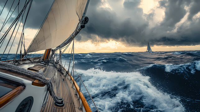 A sailing ship navigating rough seas under a stormy sky. Stormy Sea Voyage. Illustration