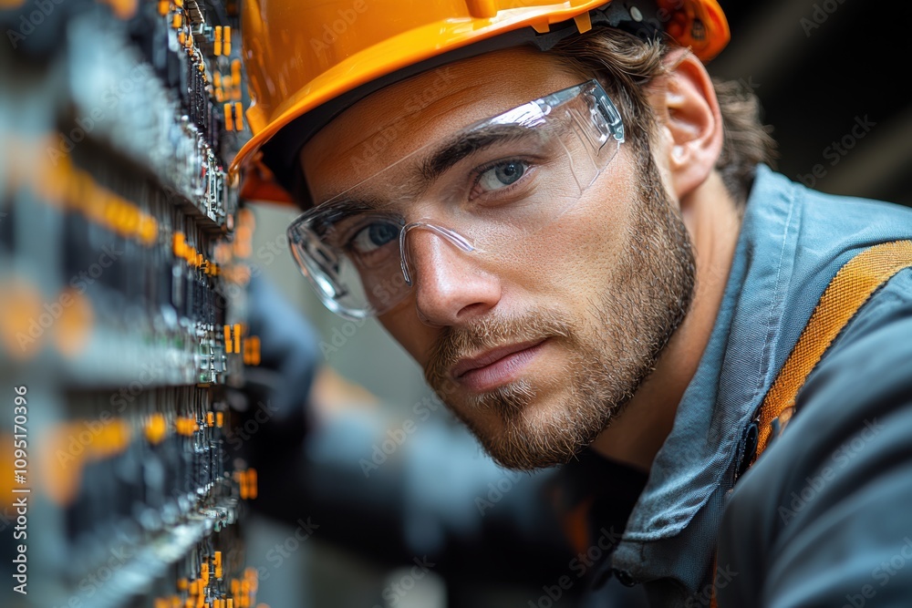Poster Electrical engineer testing circuits and wiring systems,