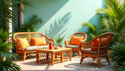 Vibrant woven rattan furniture in a tropical setting surrounded by lush greenery and warm sunlight