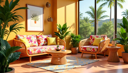 Fototapeta premium Stylized tropical interior with vibrant woven rattan furniture and bold colors amidst lush plants
