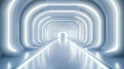 Obraz premium Illuminated futuristic corridor with glowing arches and a reflective floor