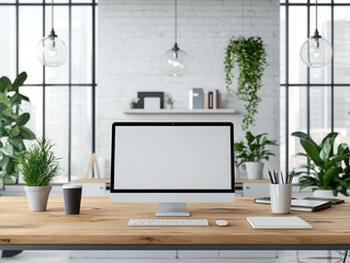 Ergonomically designed desks with adjustable features, natural textures, and techenabled functionality, modern office interior design, comfort