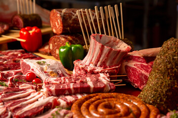 Wide range of meat goods on the table. Sausages and raw meat chunks. Handmade meat goods concept.