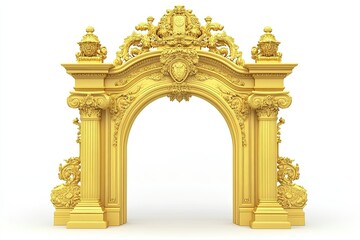 Fototapeta premium yellow royal arch gate architecture with golden intricate royal carvings on white background 